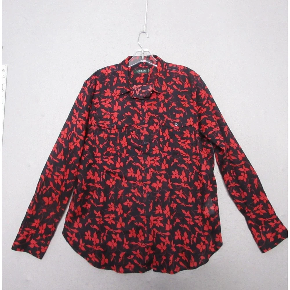 Lauren Ralph Lauren LRL Top XL Red Black Floral Button Up Career Office Timeless - Picture 2 of 9
